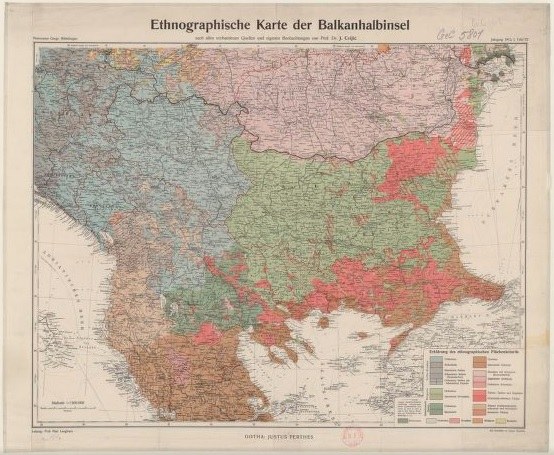 Das Bild zeigt eine ethnografische Karte der Balkanhalbinsel aus dem frühen 20. Jahrhundert. Quelle: www.europeana.eu